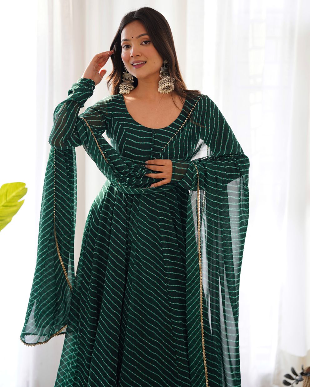 Sawan Special Bottle Green Lahariya Print Anarkali Suit With Dupatta & Bottom (Set Of 3)