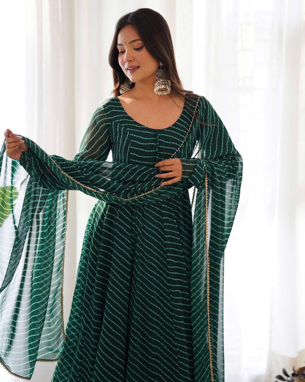 Sawan Special Bottle Green Lahariya Print Anarkali Suit With Dupatta & Bottom (Set Of 3)