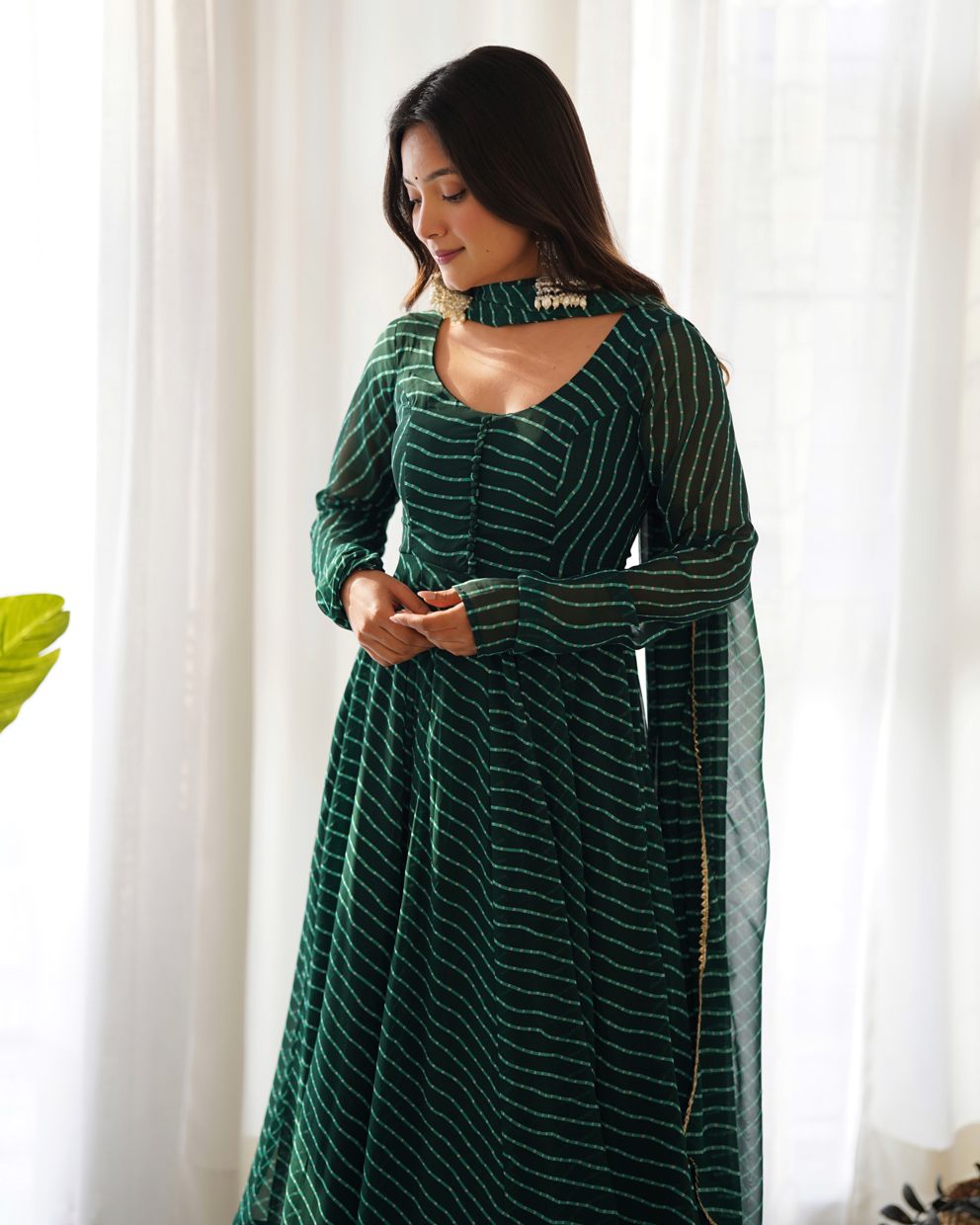 Sawan Special Bottle Green Lahariya Print Anarkali Suit With Dupatta & Bottom (Set Of 3)