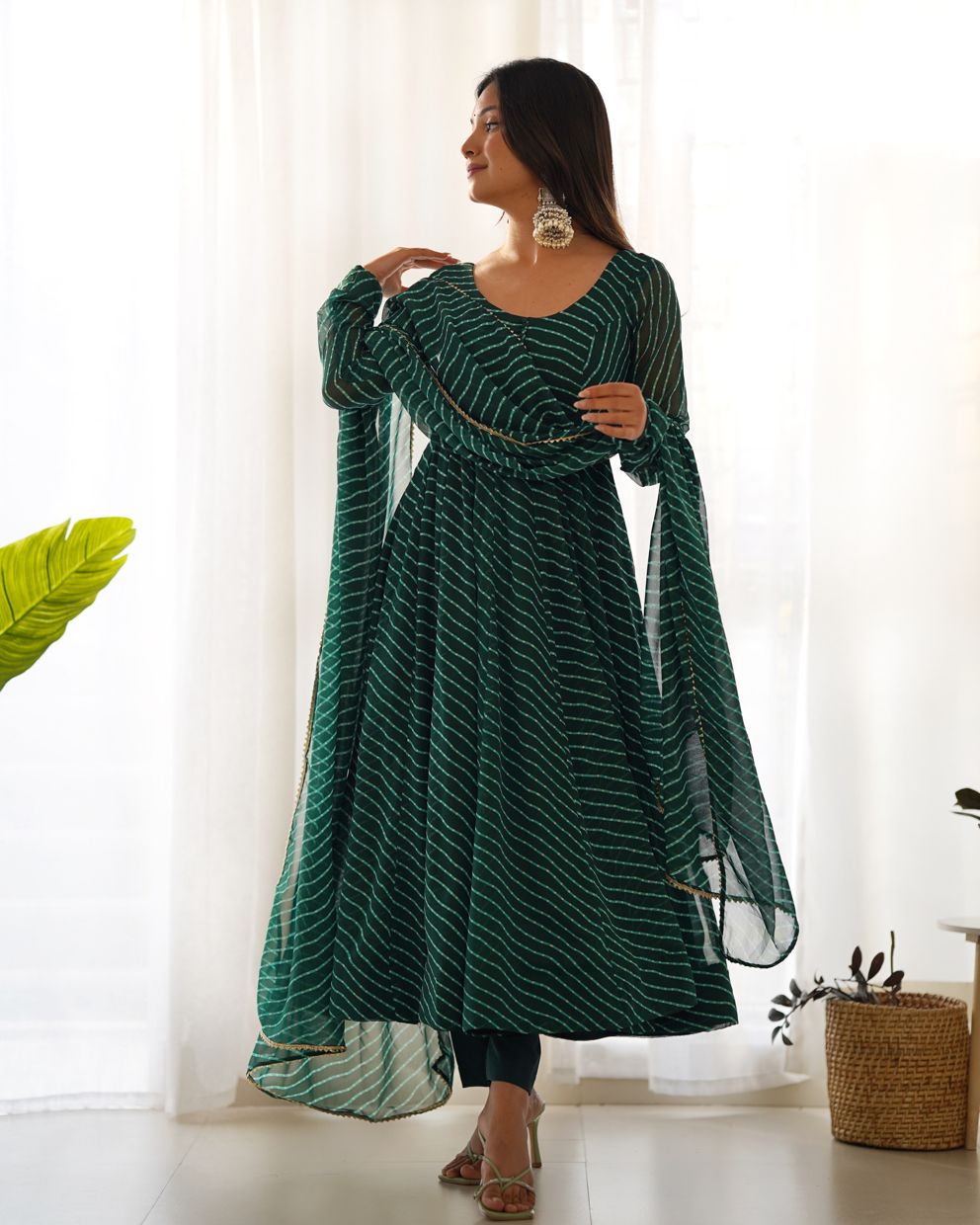 Sawan Special Bottle Green Lahariya Print Anarkali Suit With Dupatta & Bottom (Set Of 3)