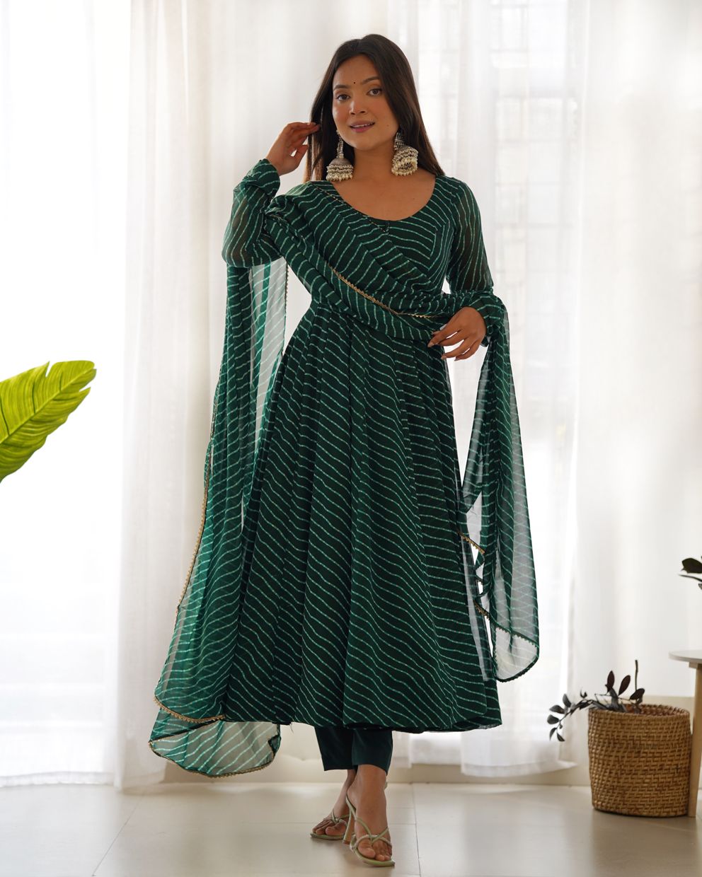 Sawan Special Bottle Green Lahariya Print Anarkali Suit With Dupatta & Bottom (Set Of 3)