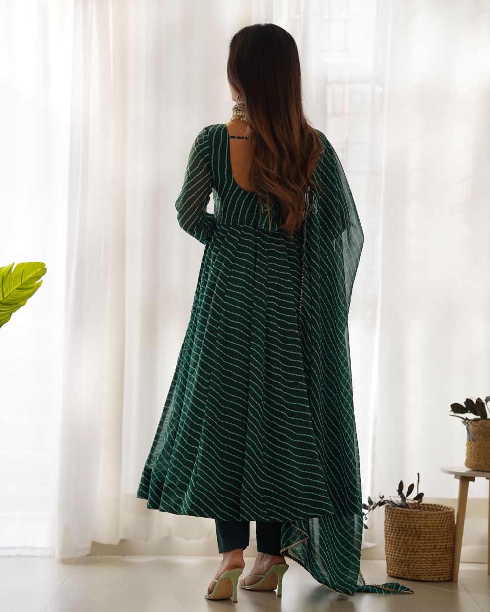 Sawan Special Bottle Green Lahariya Print Anarkali Suit With Dupatta & Bottom (Set Of 3)