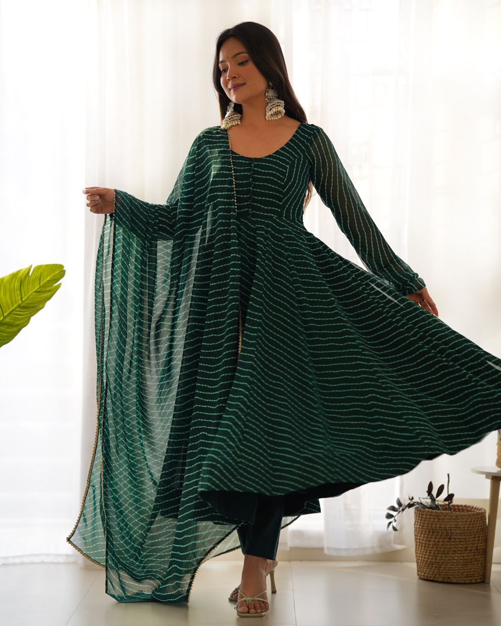 Sawan Special Bottle Green Lahariya Print Anarkali Suit With Dupatta & Bottom (Set Of 3)