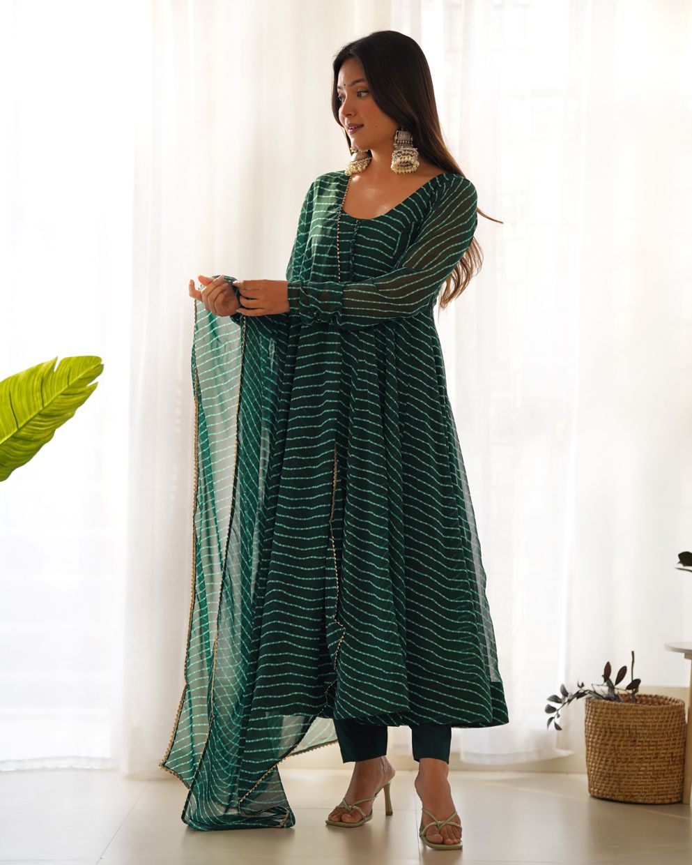 Sawan Special Bottle Green Lahariya Print Anarkali Suit With Dupatta & Bottom (Set Of 3)