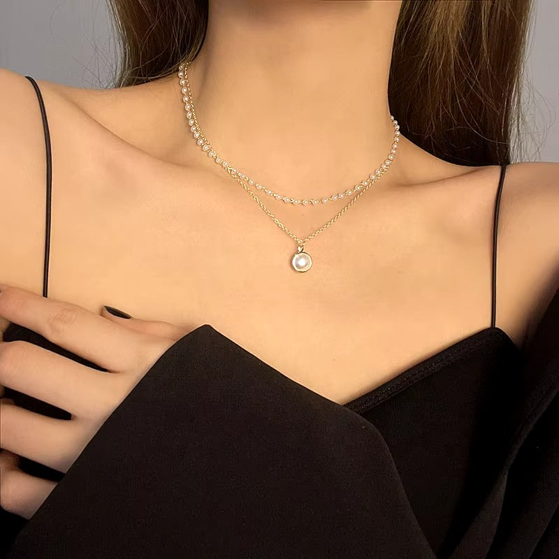 FS-NCKS4C58 - Pearl Drop Double Layer Peral Chain Necklace