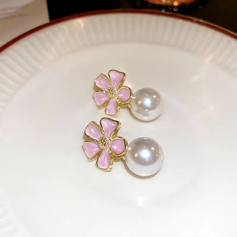 FS-ERS4KRE9 - Pink Enamel Petal Flower Pearl Stud Earrings