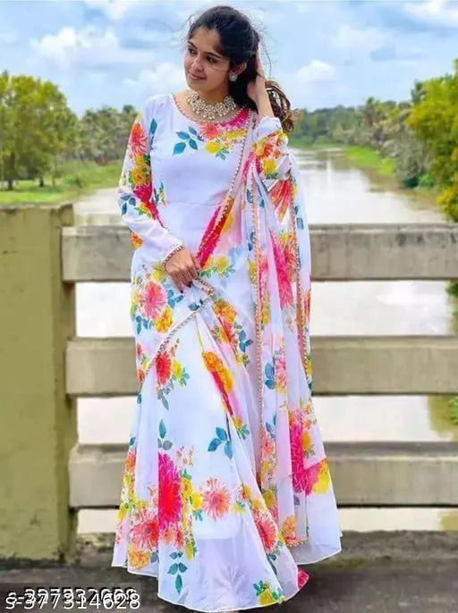 Flower Print Long Kurti With Dupatta (No Bottomwear)