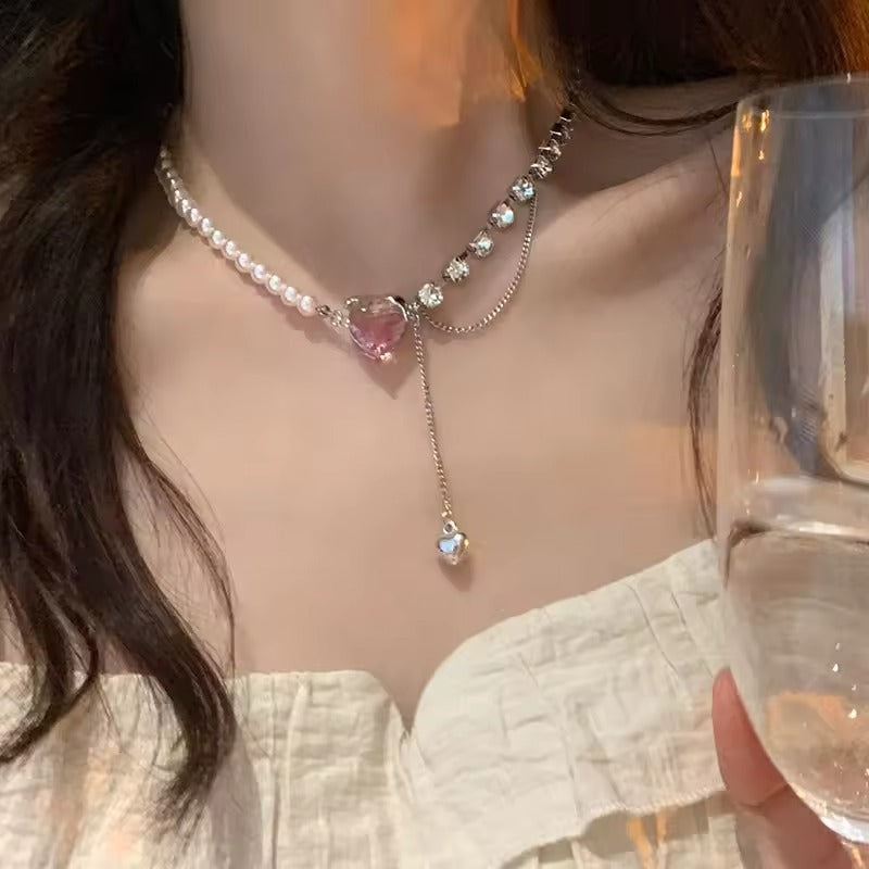 FS-NCKS4C16 - Pink Heart Pearl Chain Necklace