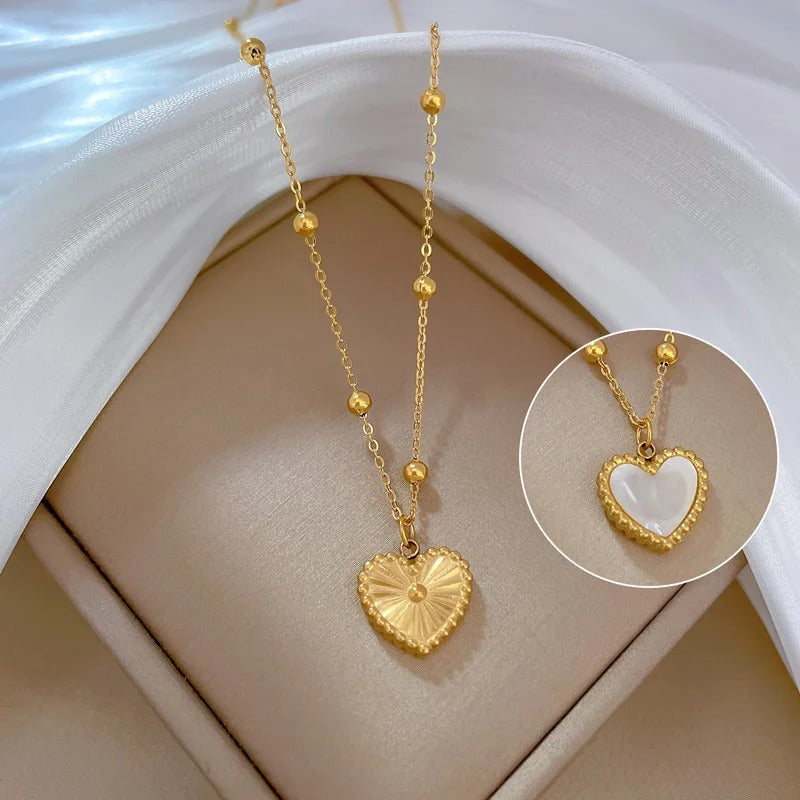 FS-NCKS4C2 - Two-Sided Heart Pendant Beads Chain Necklace