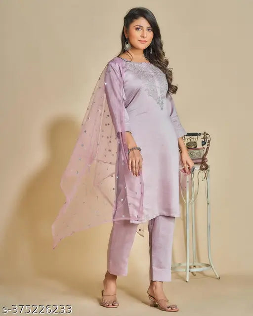 Adorable Chandheri Silk Embroidered Kurti Set with Net Dupatta