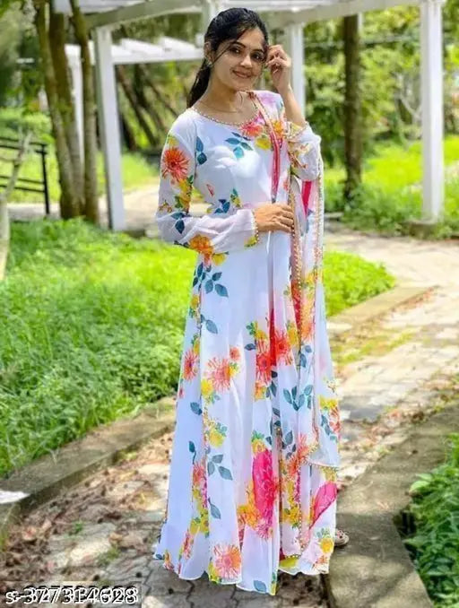 Flower Print Long Kurti With Dupatta (No Bottomwear)