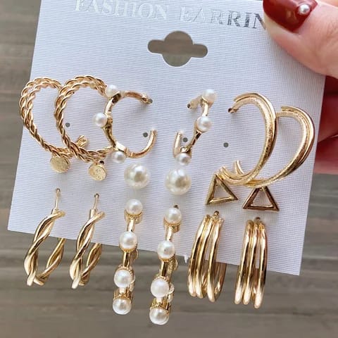 Model No. 378 Set of 9 Pair Pearl Golden Triangle Shape Earrings