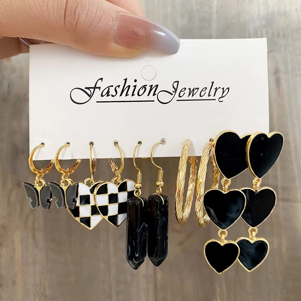 FS-JCMS4D7 - 5 Pairs Black Gold Earrings Combo Card