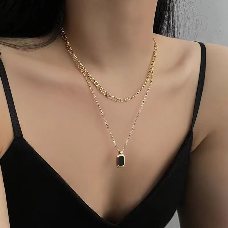 FS-NCKS4C73 - Alloy Dual Layer Black Square Pendant Necklace