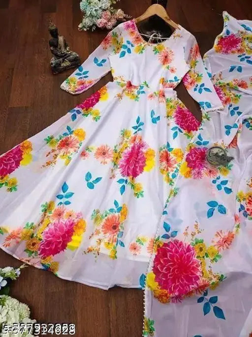 Flower Print Long Kurti With Dupatta (No Bottomwear)