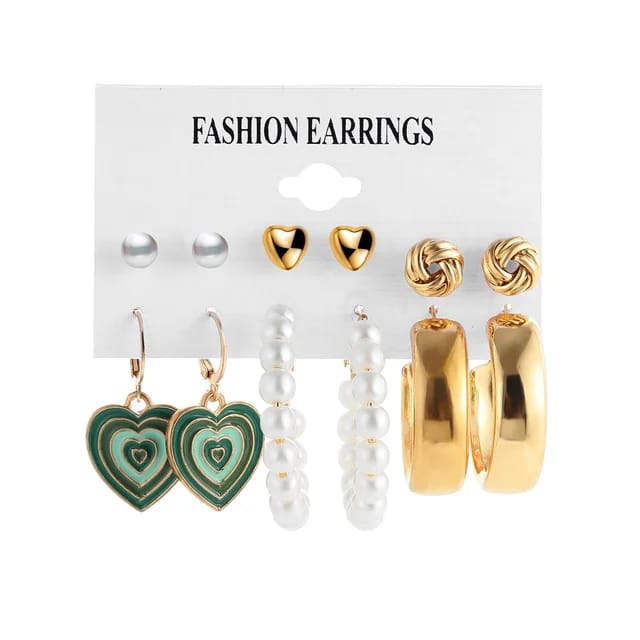 Model No. 379 Set of 5 Pair Green And Golden Earrings