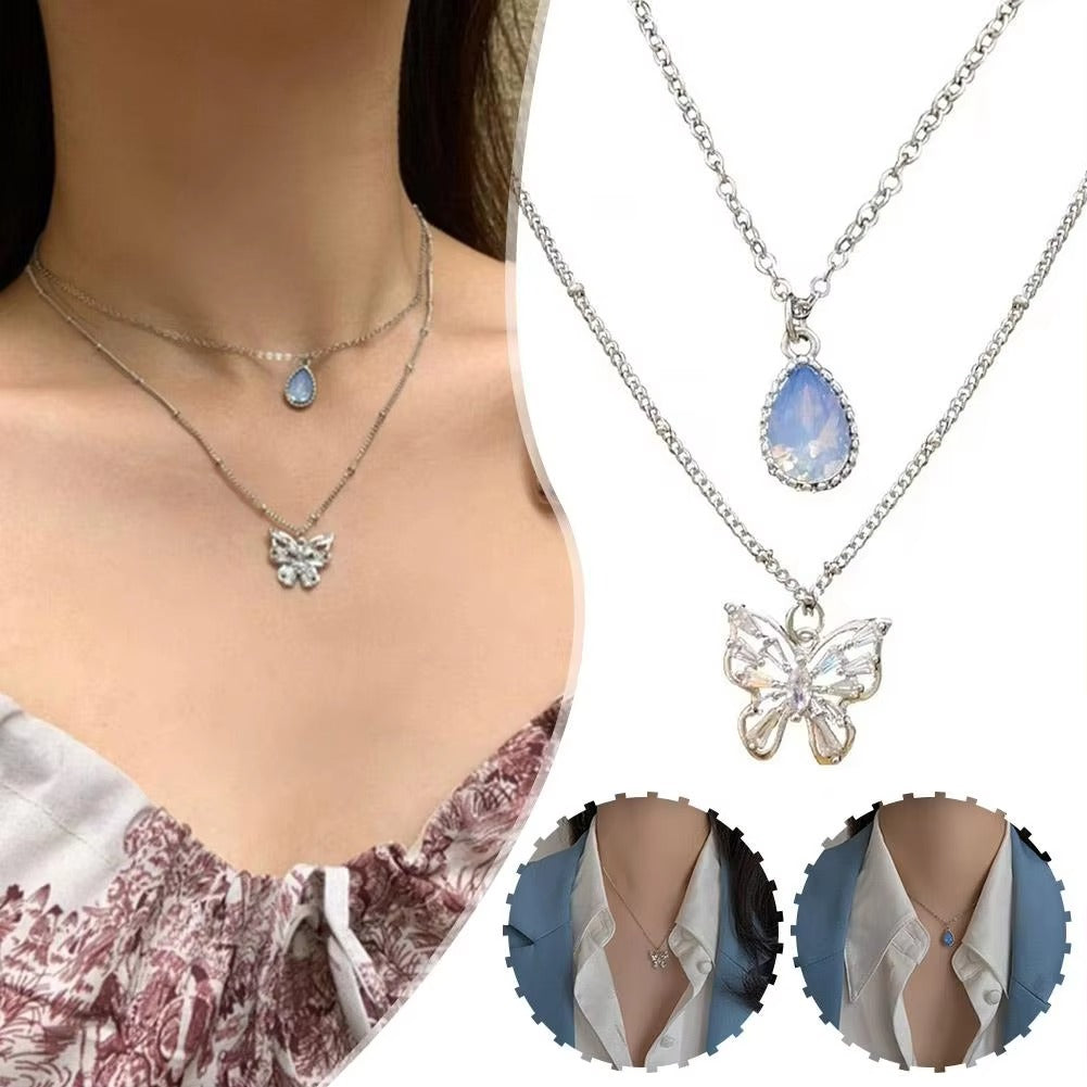 FS-NCKS4C49 - Dual Chain Butterly & Blue Stone Necklace