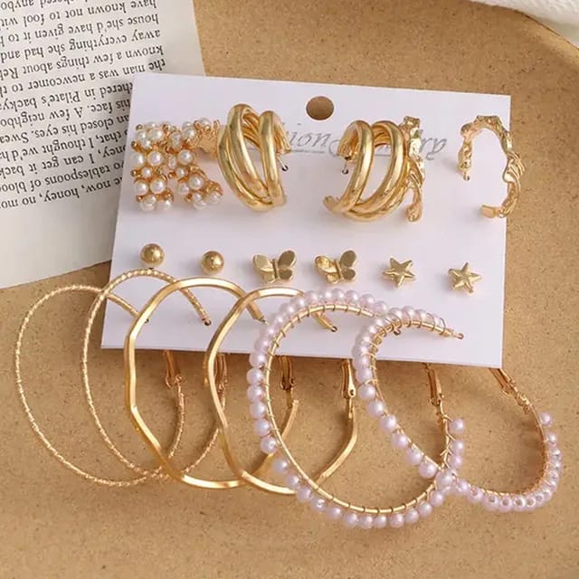 Model No. 369 Combo Of 9 Pair Butterfly, Star Studs and Plain Pearl Hoop Earrings