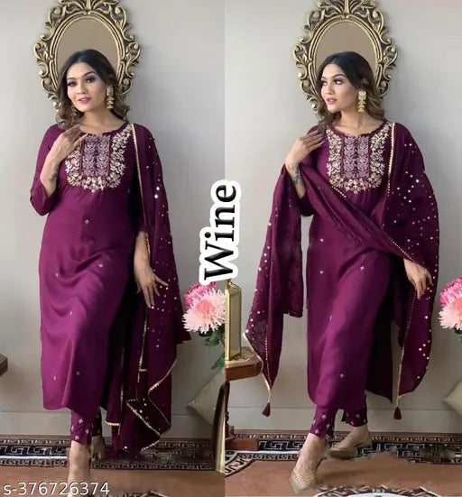 Women Rayon Straight Embroidered Long Kurti Pant With Dupatta set