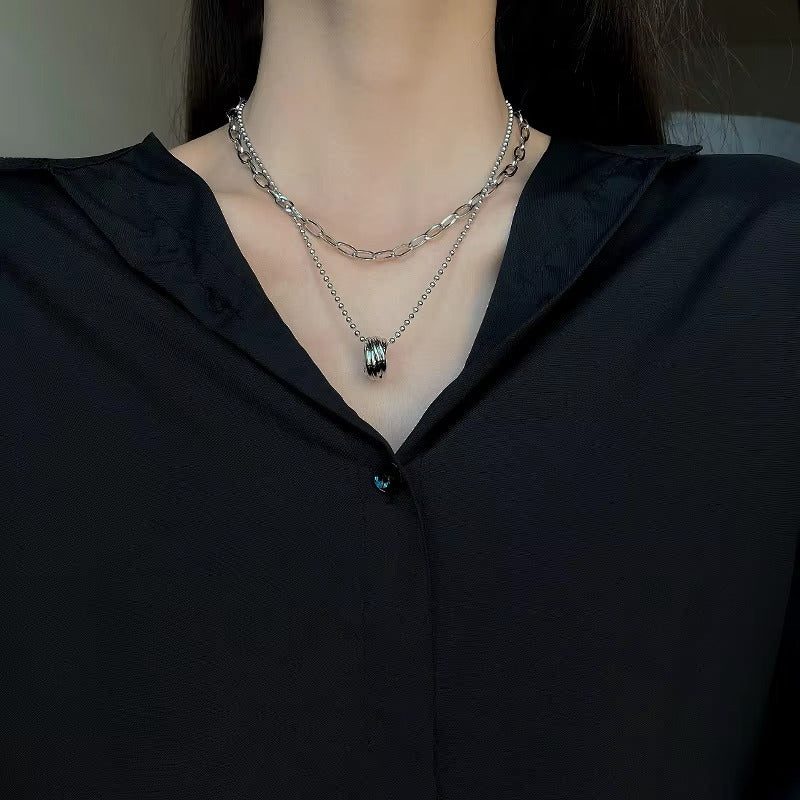 FS-NCKS4C43 - Unisex Double Layer Silver Chain Necklaces