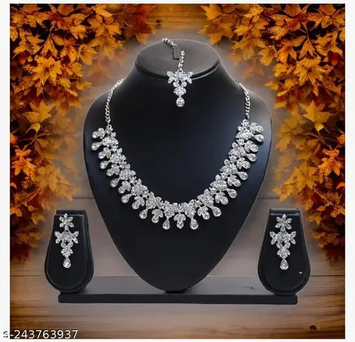 Silver Plated Necklace Set With White American Diamond