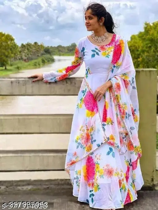 Flower Print Long Kurti With Dupatta (No Bottomwear)