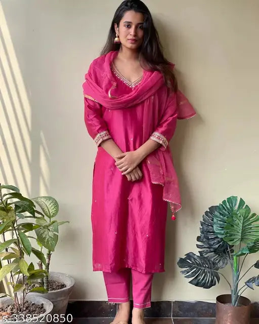 Shri Ram Women's Pink Cotton Blend Solid Straight Kurta With Trousers & Dupatta
