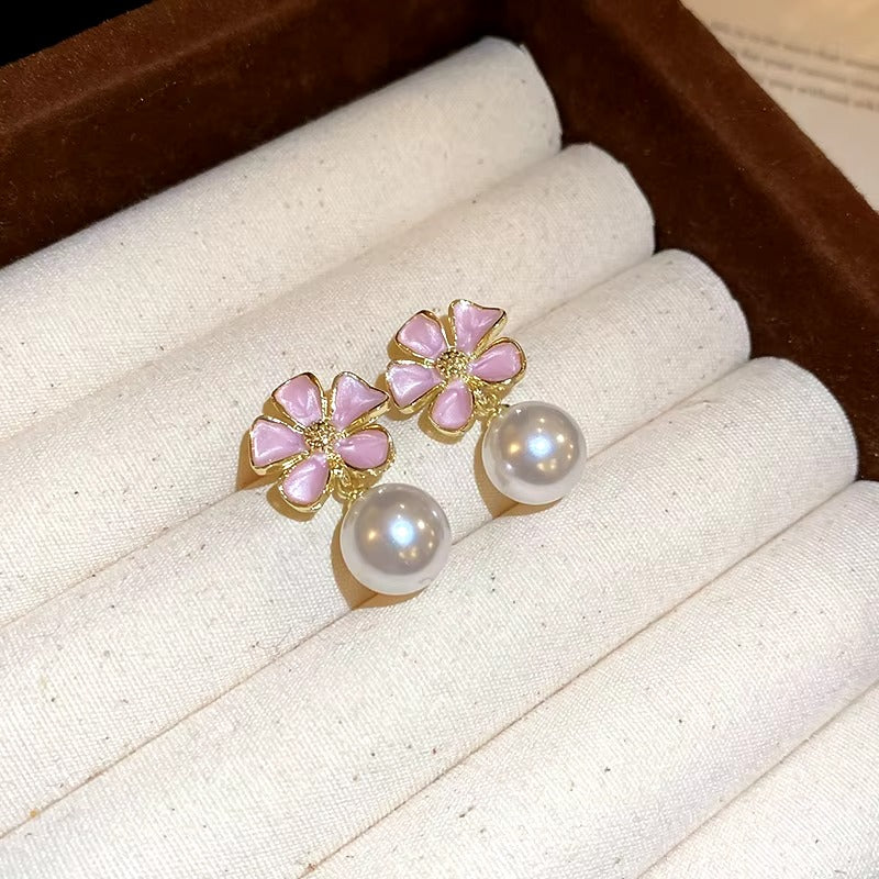 FS-ERS4KRE9 - Pink Enamel Petal Flower Pearl Stud Earrings