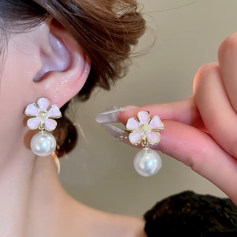 FS-ERS4KRE9 - Pink Enamel Petal Flower Pearl Stud Earrings