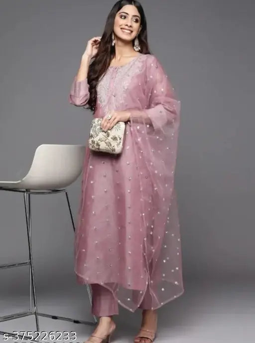 Adorable Chandheri Silk Embroidered Kurti Set with Net Dupatta