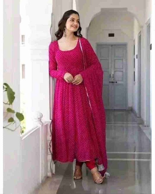 DivaFashionWear Women Printed Georgette Anarkali Kurta With Attached Dupatta (Pink)
