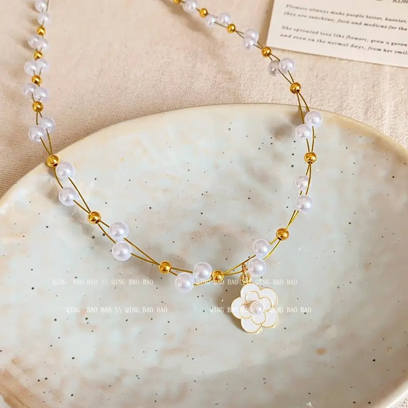 FS-NCKS7N35 - French Style Pearl Camellia Necklace