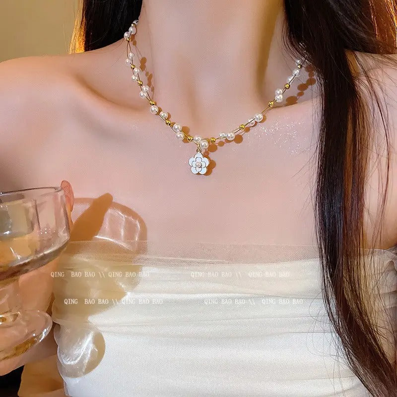 FS-NCKS7N35 - French Style Pearl Camellia Necklace