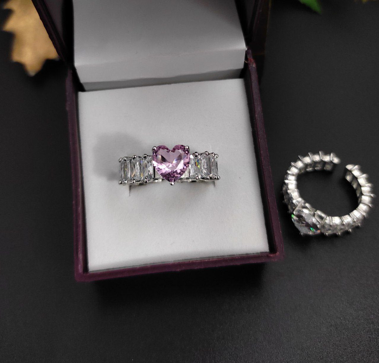 The Stunning Glass pink heart Diamond CZ adjustable finger ring