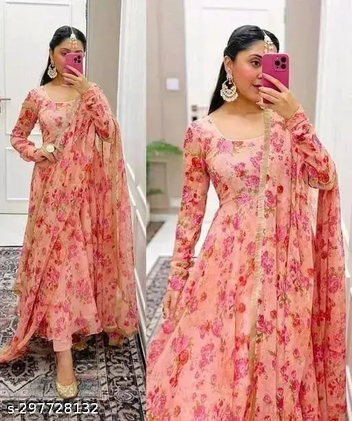 JANNAT HEAVY GEORJET DIGITAL PRINT FLERED KURTI WITH DUPATTA