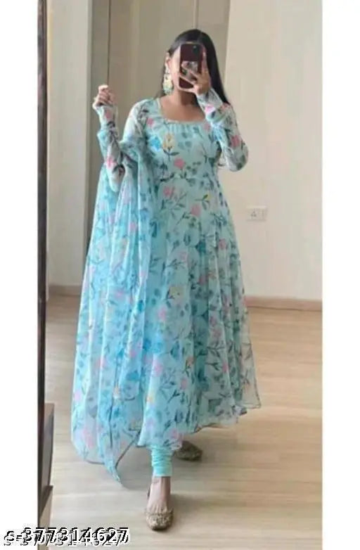 Flower Print Long Kurti With Dupatta (No Bottomwear)