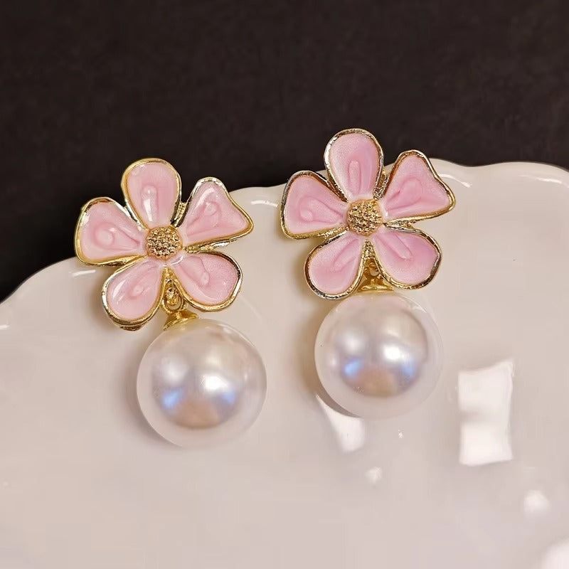 FS-ERS4KRE9 - Pink Enamel Petal Flower Pearl Stud Earrings