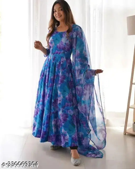 Flower Print Georgette Kurti With Dupatta ( No Bottomwear )