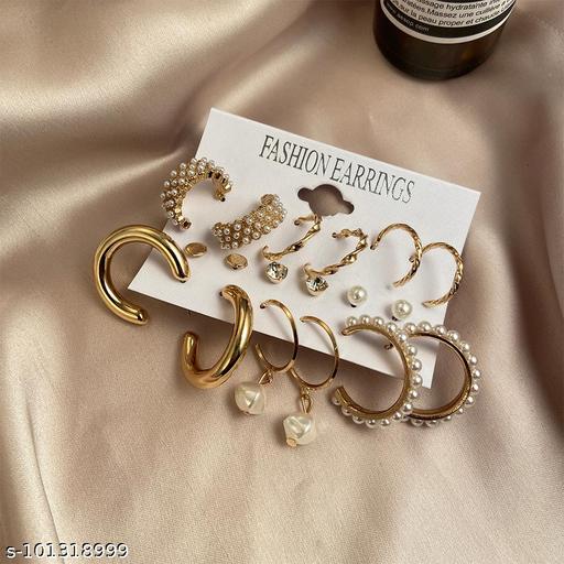 Destiny Jewels Gold Plated 9 Pair Rhinestone Faux Pearl Decor Hoop Earrings Set for Women
