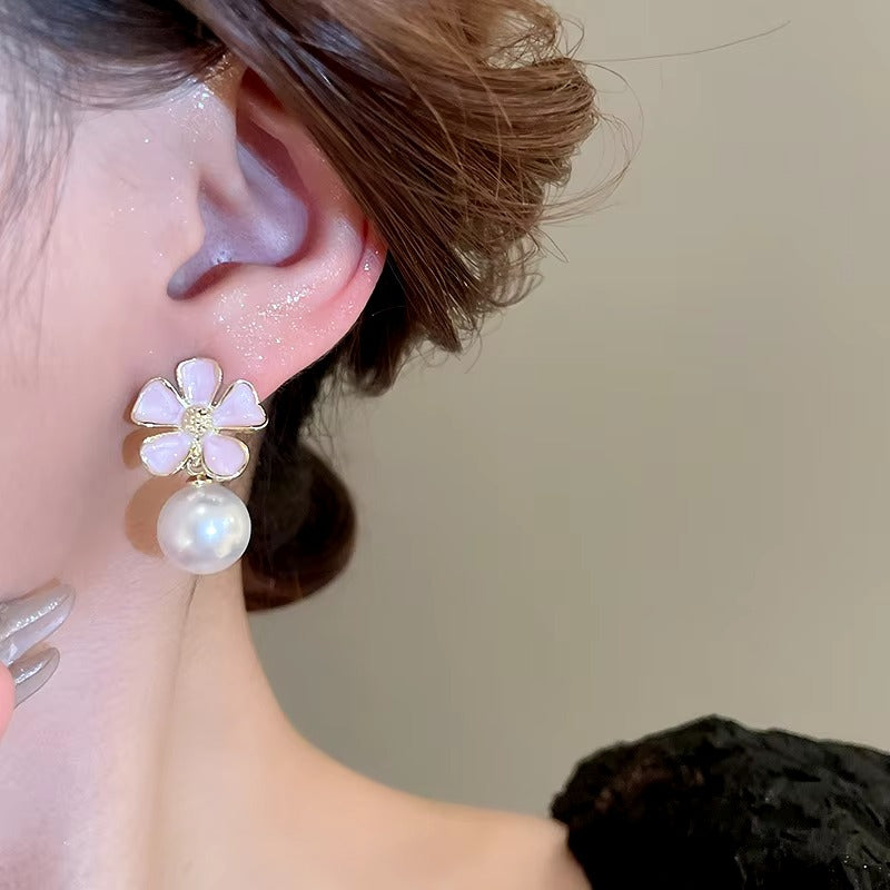 FS-ERS4KRE9 - Pink Enamel Petal Flower Pearl Stud Earrings