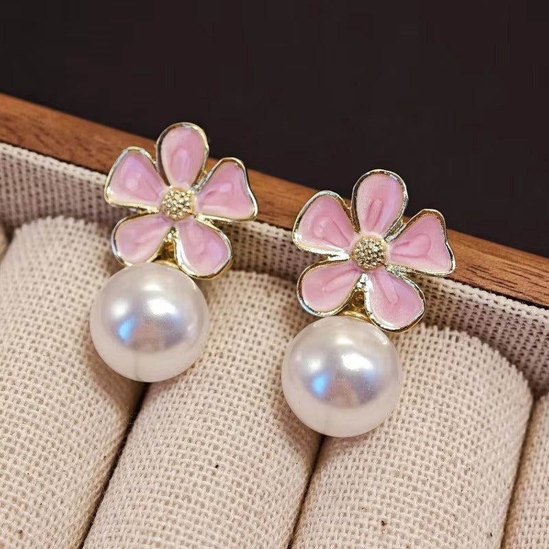 FS-ERS4KRE9 - Pink Enamel Petal Flower Pearl Stud Earrings